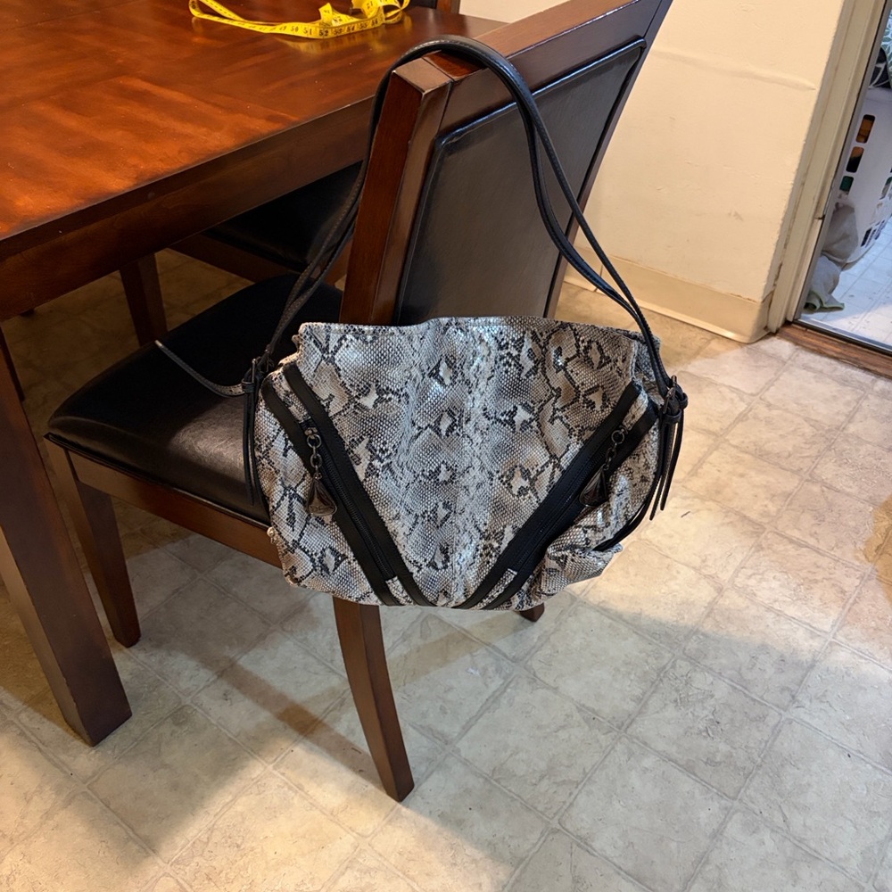 Sharif Snakeskin-Pattern Shoulder Bag in Black & Cream